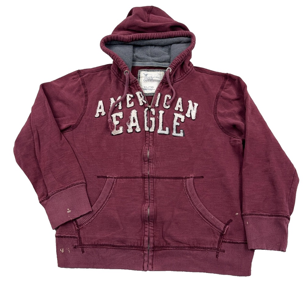 Vintage Y2K American Eagle Hoodie Men XL Maroon Full Zip Jacket Waffle Hood Worn